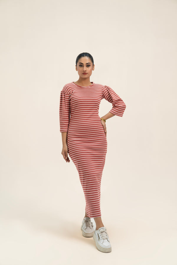 Puff Sleeve Knit Dress - Red White Strip