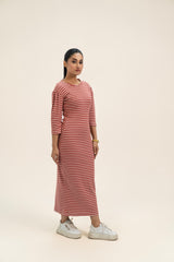 Puff Sleeve Knit Dress - Red White Strip