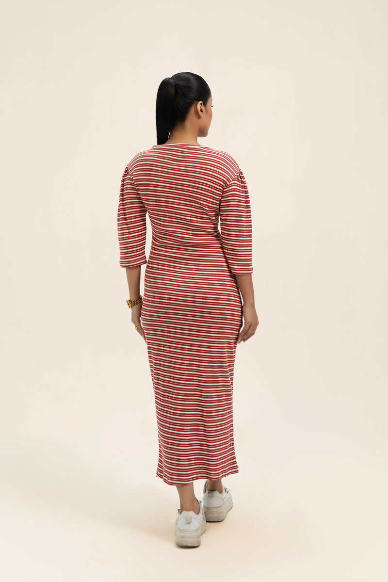 Puff Sleeve Knit Dress - Red White Strip