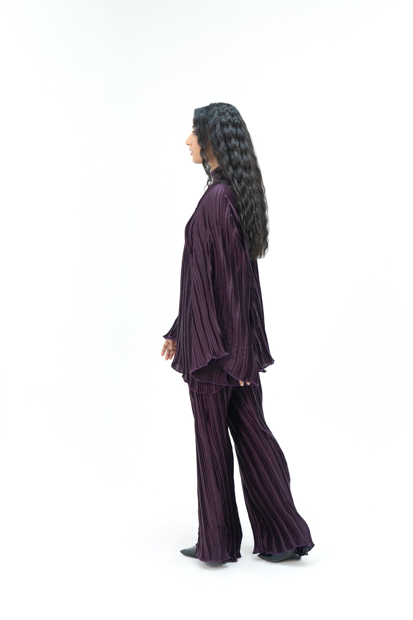 Pleated Fabric Wide Leg Bootcut Pant -  Plum