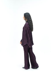 Pleated Fabric Wide Leg Bootcut Pant -  Plum