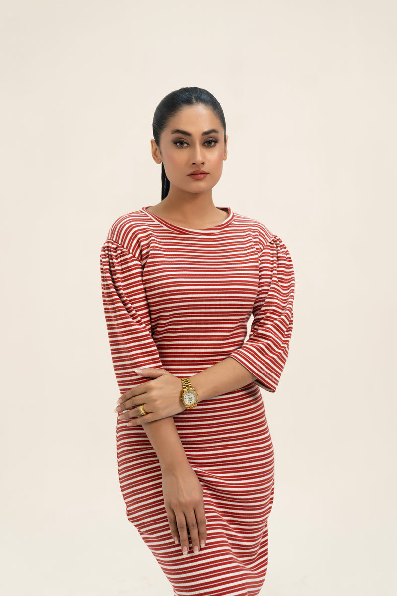 Puff Sleeve Knit Dress - Red White Strip