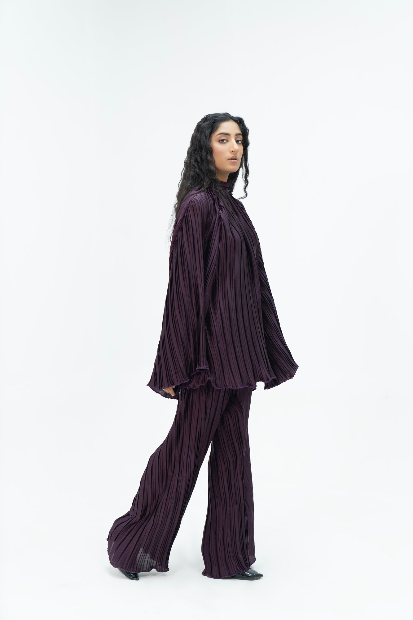 Pleated Fabric Wide Leg Bootcut Pant -  Plum