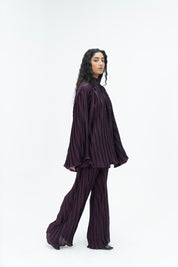 Pleated Fabric Wide Leg Bootcut Pant -  Plum