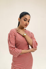 Puff Sleeve Knit Dress - Red White Strip