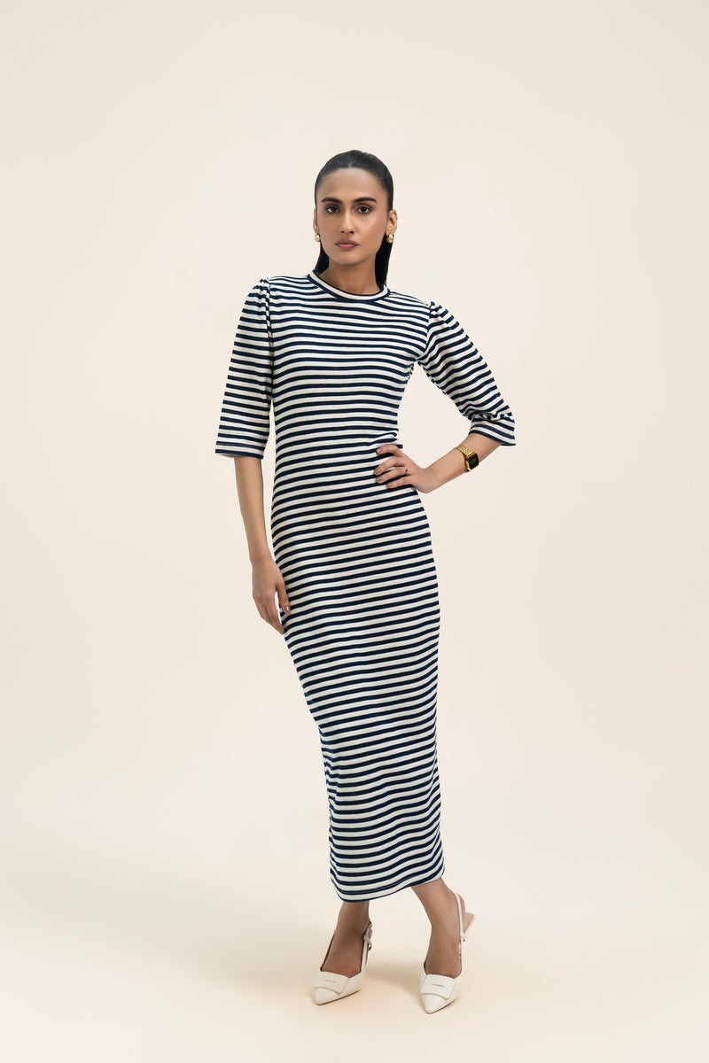 Puff Sleeve Knit Dress - Navy Blue White Stripes