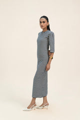 Puff Sleeve Knit Dress - Navy Blue White Stripes