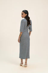 Puff Sleeve Knit Dress - Navy Blue White Stripes