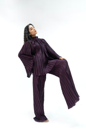 Pleated Fabric Wide Leg Bootcut Pant -  Plum