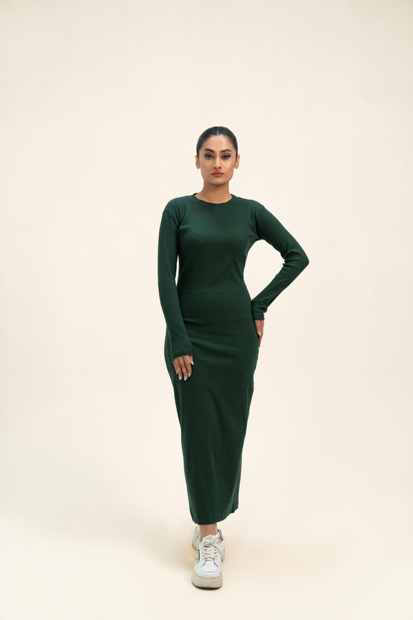 Round Neck Knitted Dress - Green