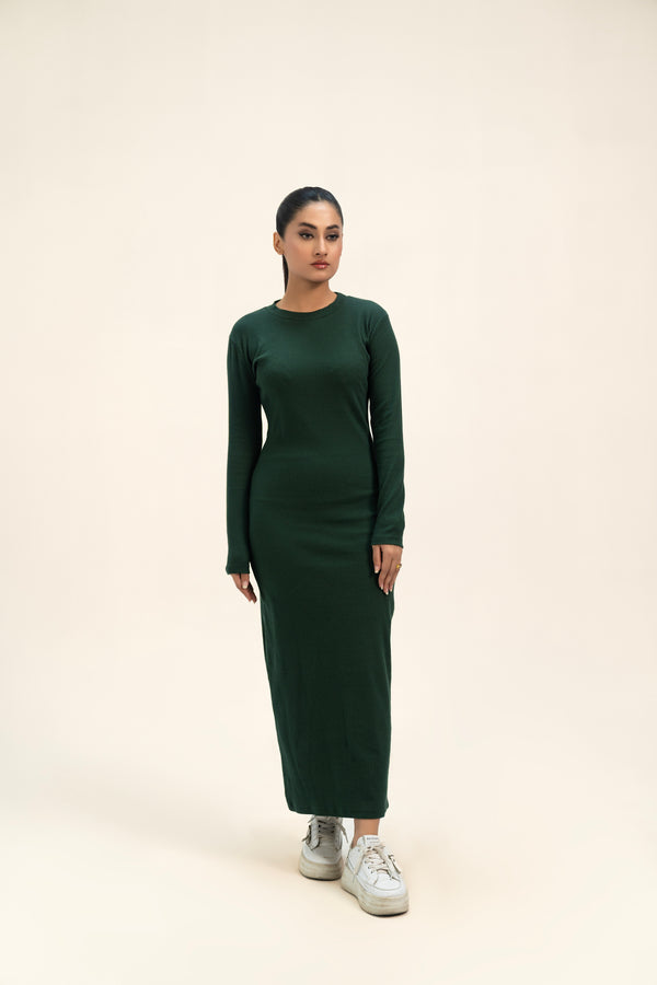 Round Neck Knitted Dress - Green