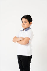 Boys Chambray Collar Polo Shirt - White