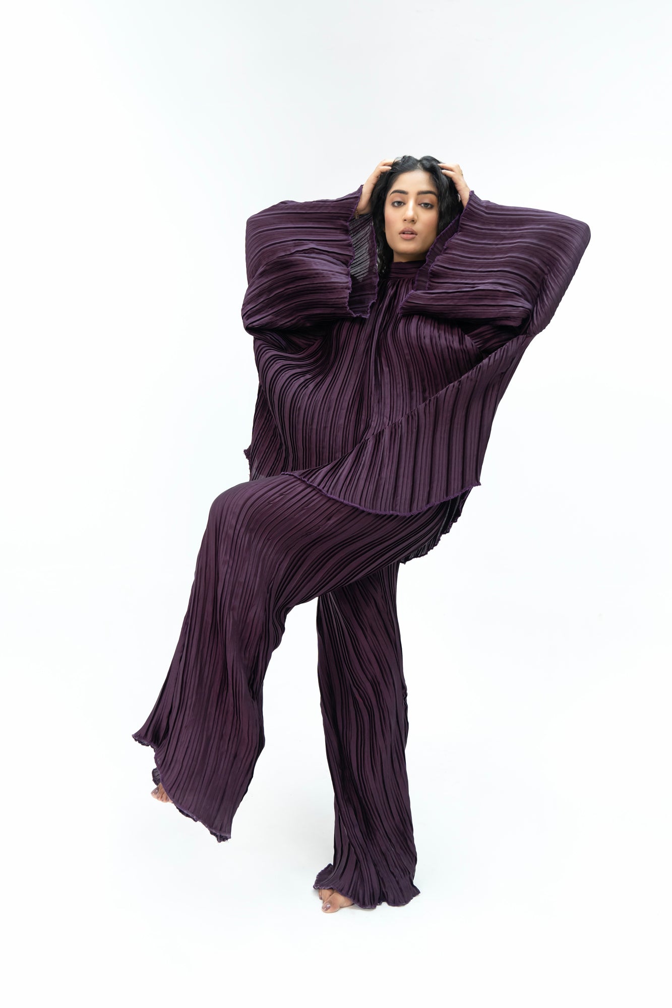 Pleated Fabric Wide Leg Bootcut Pant -  Plum