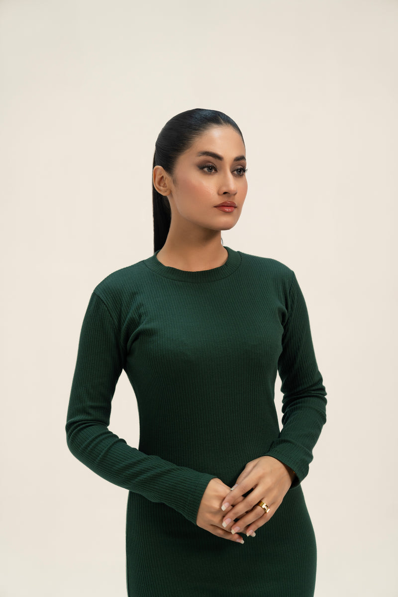 Round Neck Knitted Dress - Green