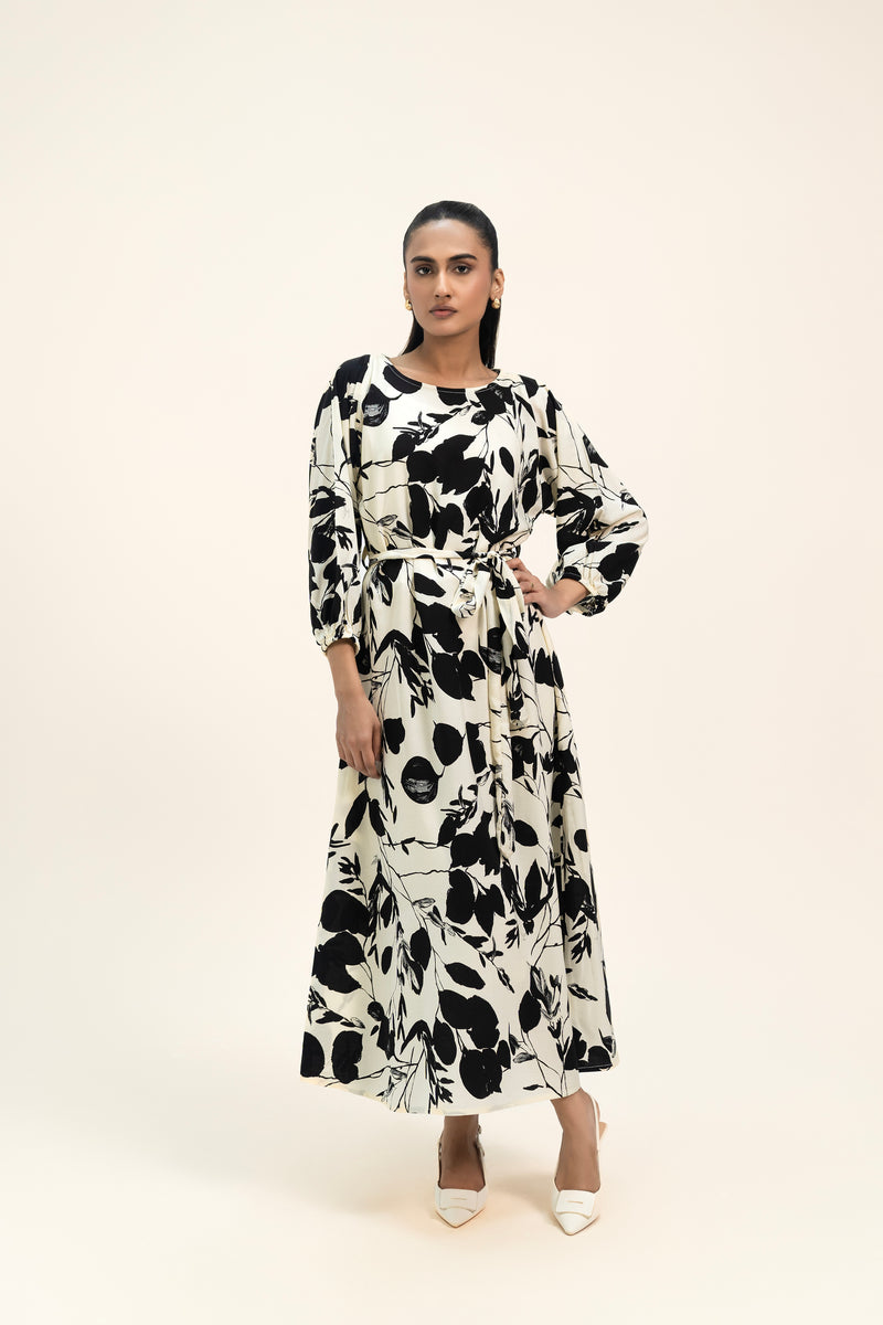 Pleated Puff Sleeve Dress - Floral Black Over White