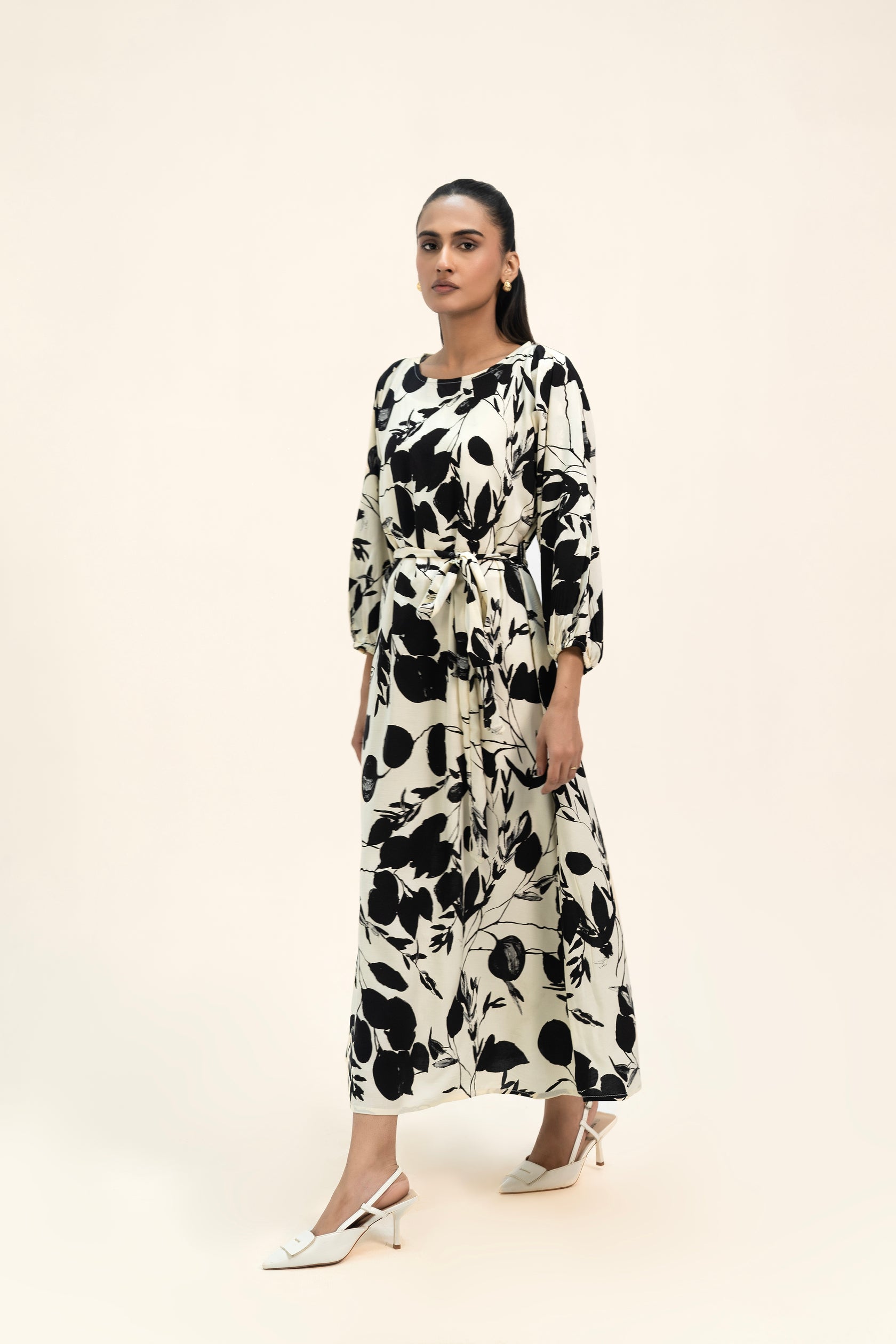 Pleated Puff Sleeve Dress - Floral Black Over White