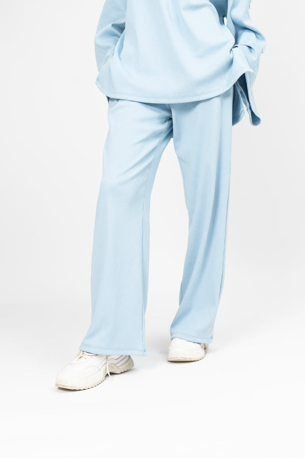 Rib Knit Wide Leg Pant with Pocket - Powder Blue