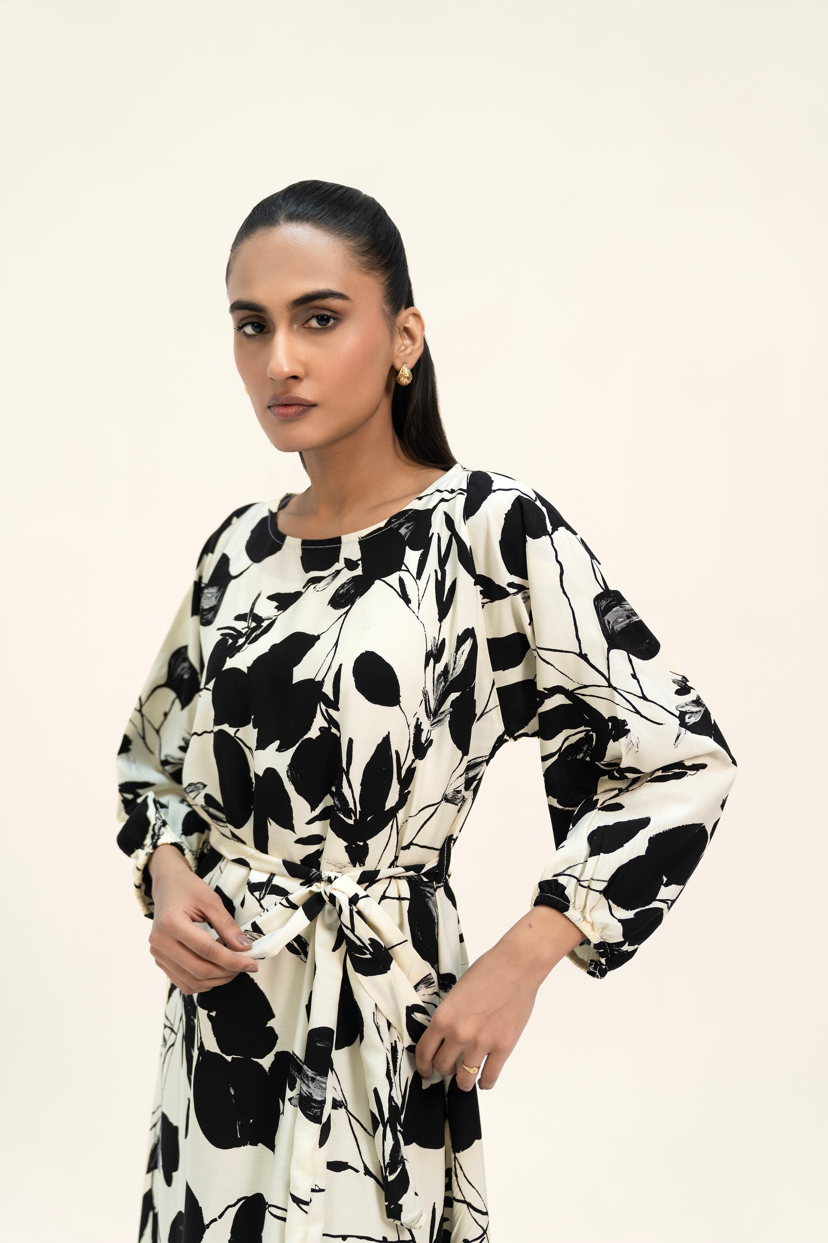 Pleated Puff Sleeve Dress - Floral Black Over White