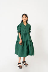 Girls V Neck Patterned Short Sleeve Dress - Bottle Green