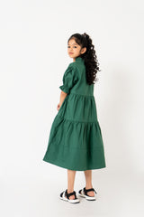 Girls V Neck Patterned Short Sleeve Dress - Bottle Green