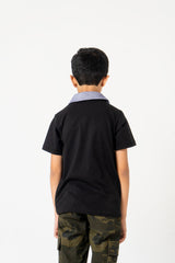 Boys Chambray Collar Polo Shirt - Black
