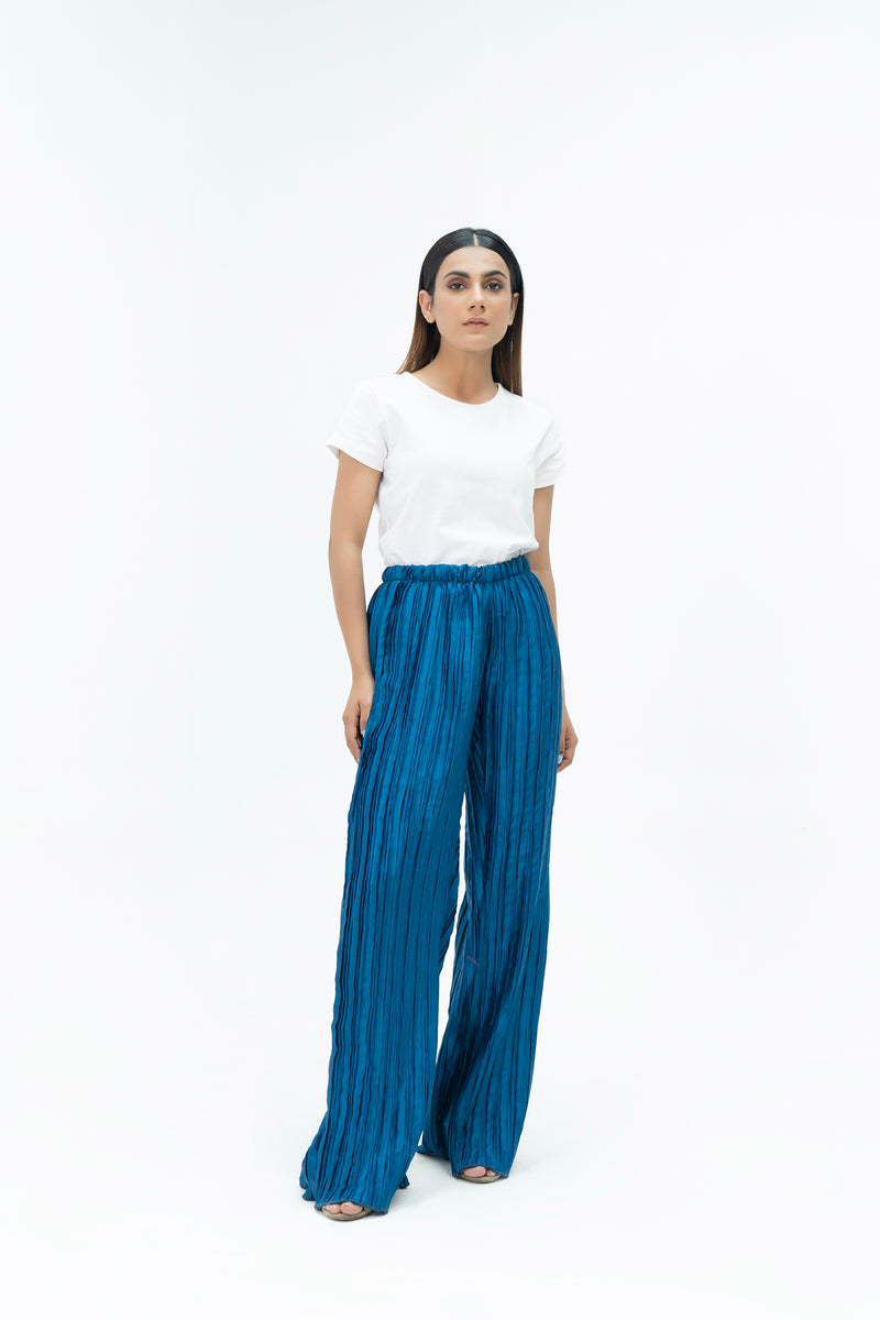 Pleated Fabric Wide Leg Bootcut Pant -  Sapphire Blue