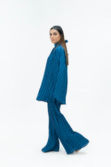 High Neck Pleated Fabric Top - Sapphire Blue