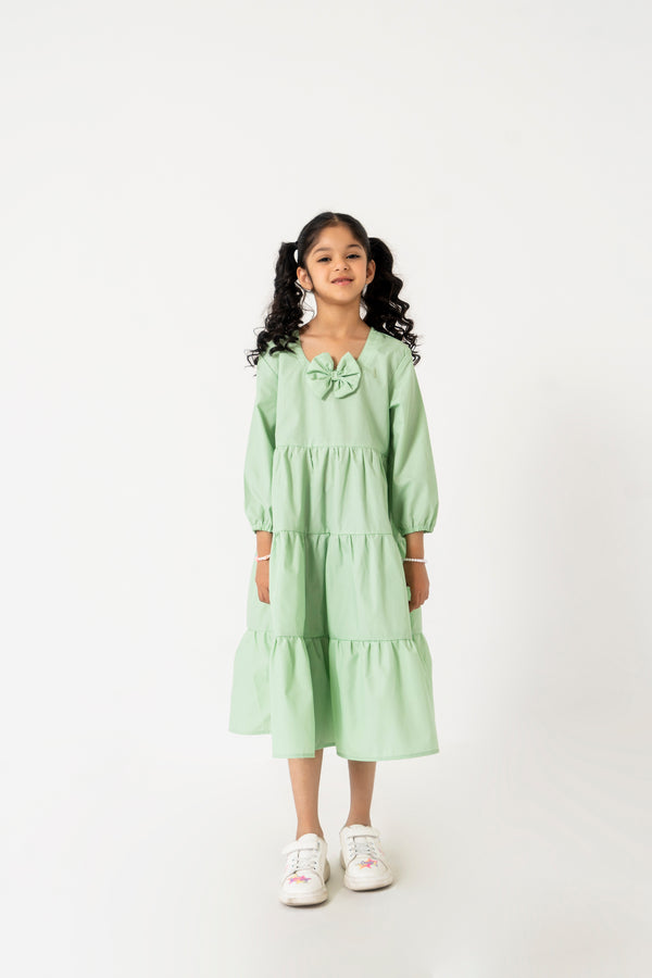 Girls Round Neck Dress with Bow - Light Green