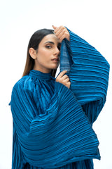 High Neck Pleated Fabric Top - Sapphire Blue