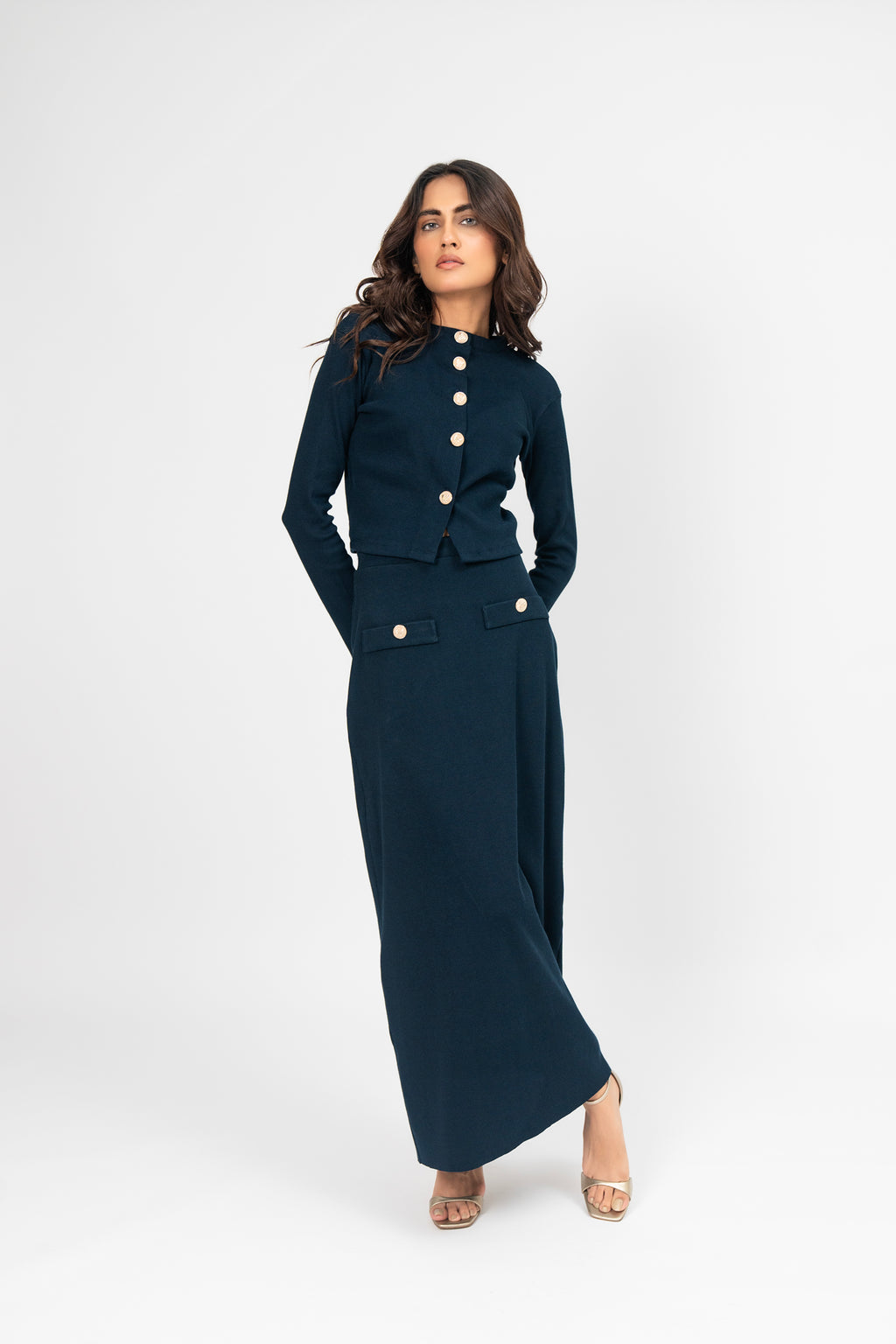 Cropped Knit Top with Golden Button - Navy Blue – Nine Ninety Nine