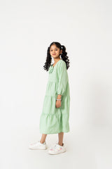Girls Round Neck Dress with Bow - Light Green