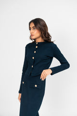 Cropped Knit Top with Golden Button - Navy Blue