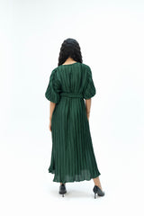 Pleated Short Sleeve Dress - Emerald Green
