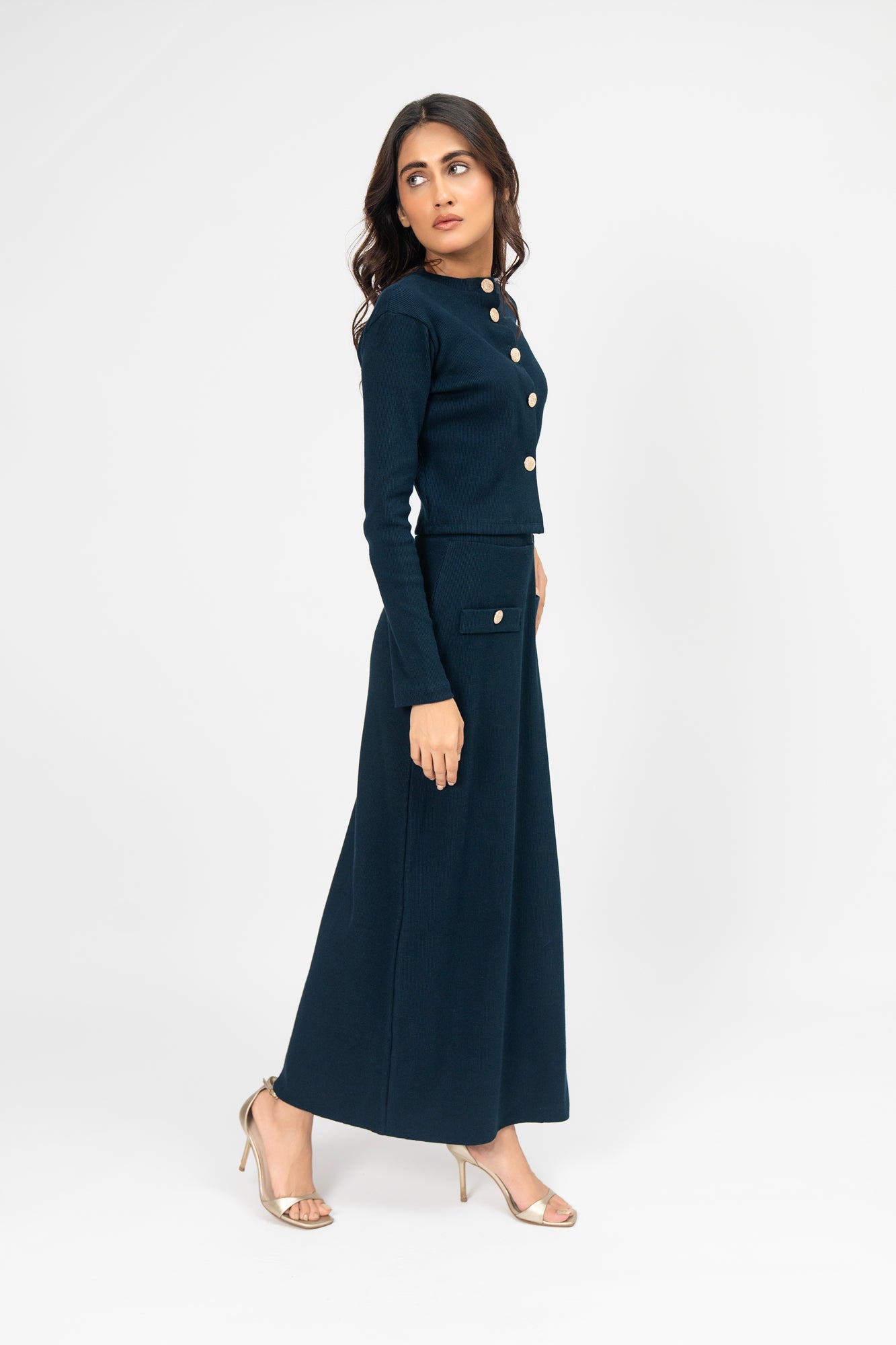 Knit Skirt with Golden Button - Navy Blue