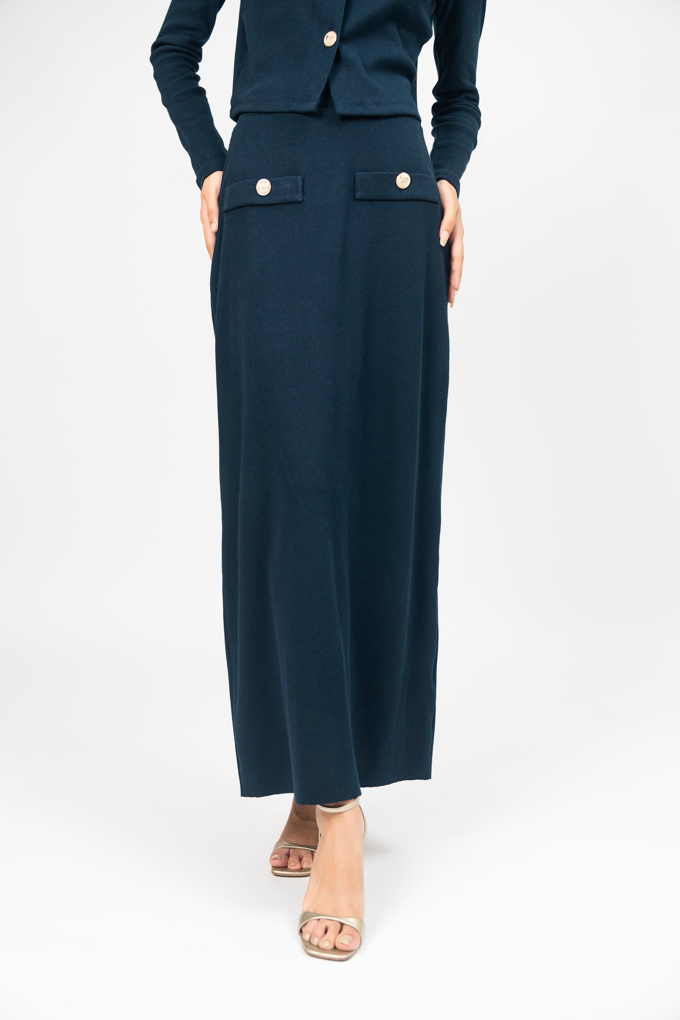 Knit Skirt with Golden Button - Navy Blue