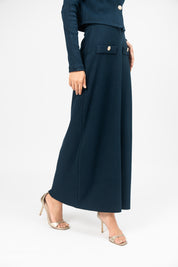 Knit Skirt with Golden Button - Navy Blue