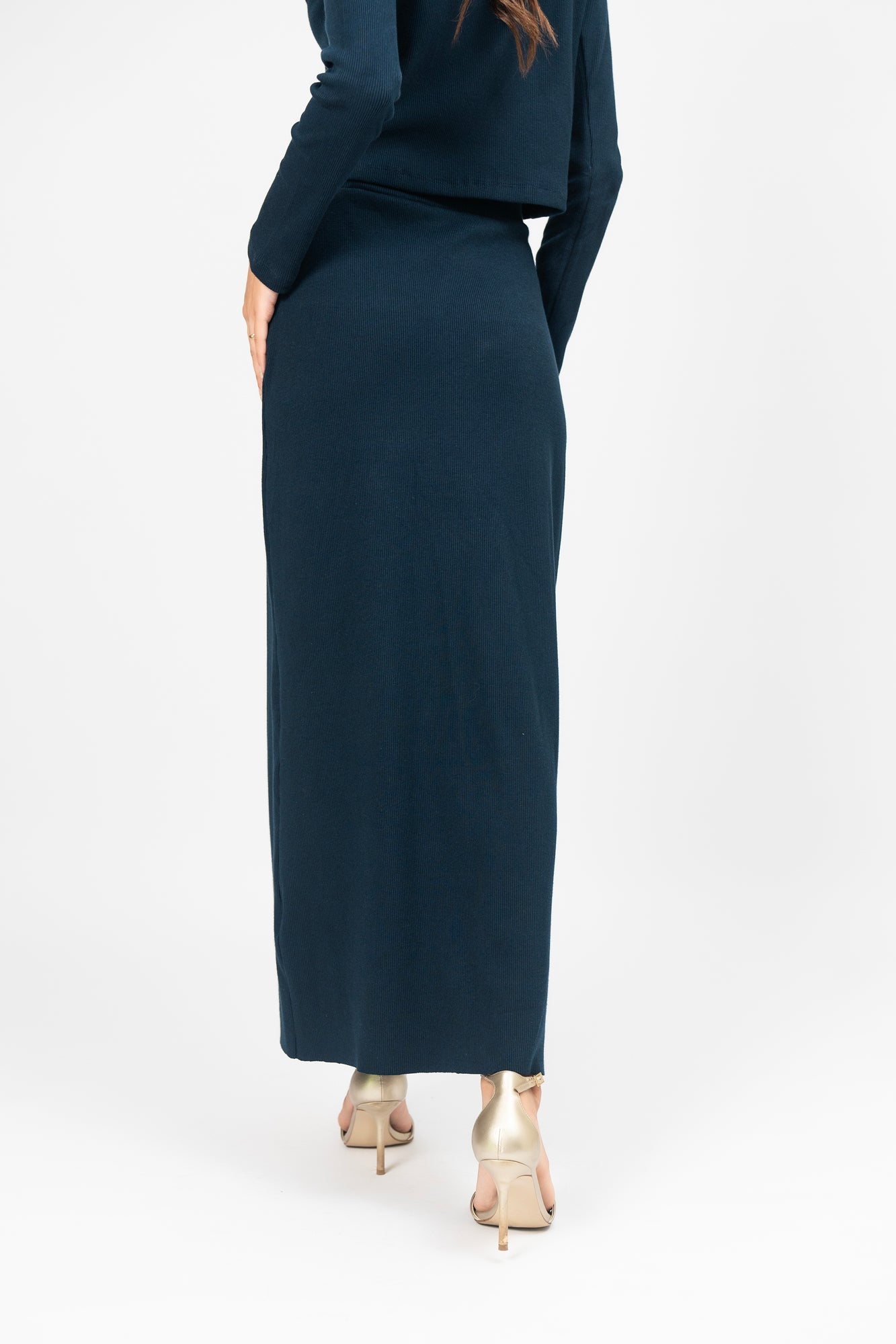 Knit Skirt with Golden Button - Navy Blue