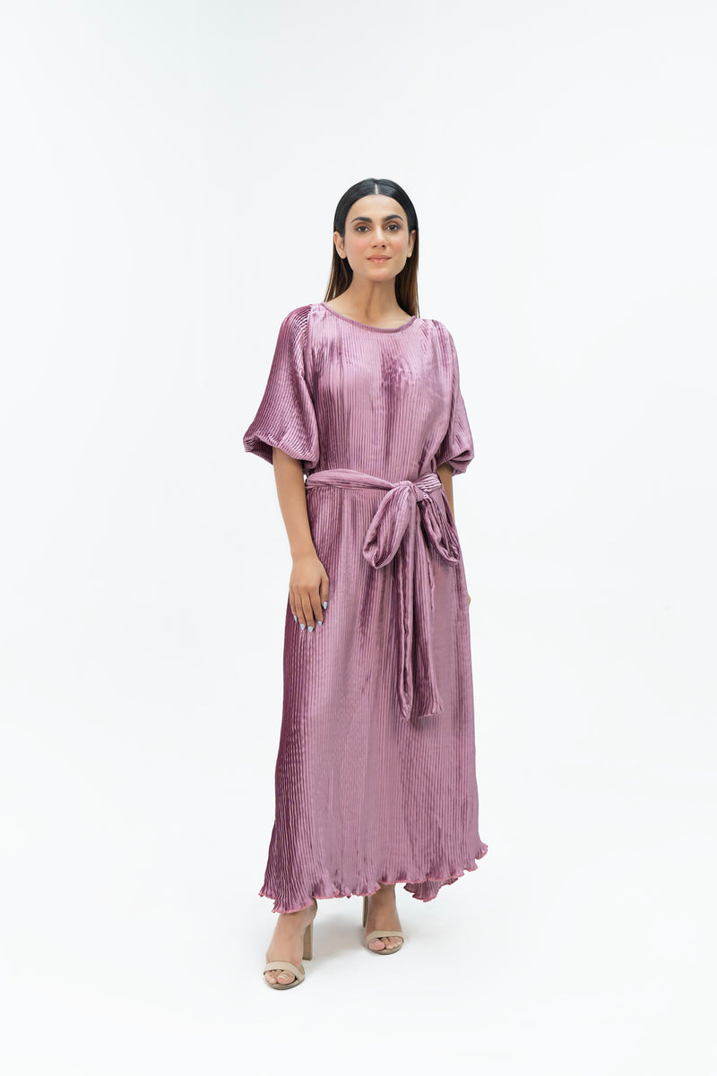 Pleated Short Sleeve Dress - Mauve