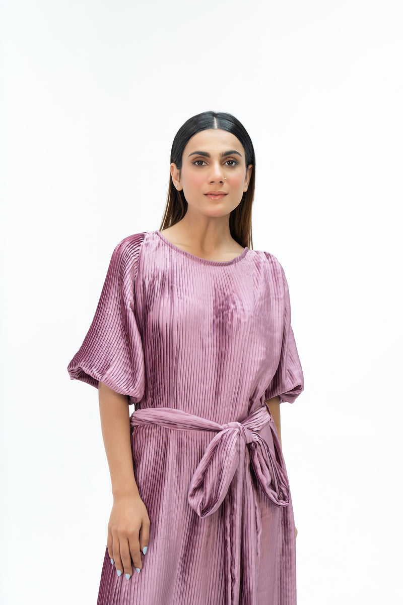 Pleated Short Sleeve Dress - Mauve