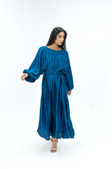 Pleated Puff Sleeve Dress - Sapphire Blue (pleated fabric)