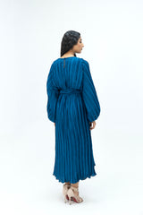 Pleated Puff Sleeve Dress - Sapphire Blue (pleated fabric)