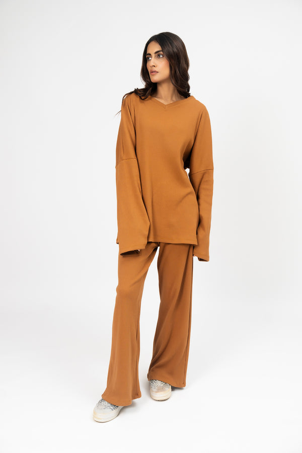 V Neck Oversized Knit Top - Camel