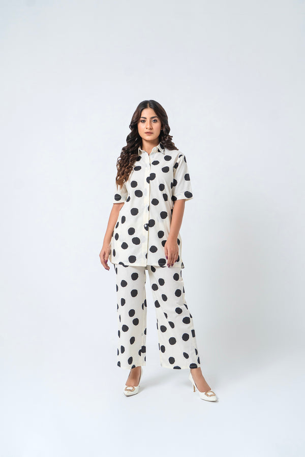 Short Sleeve Long Shirt - White Black Polka Dota