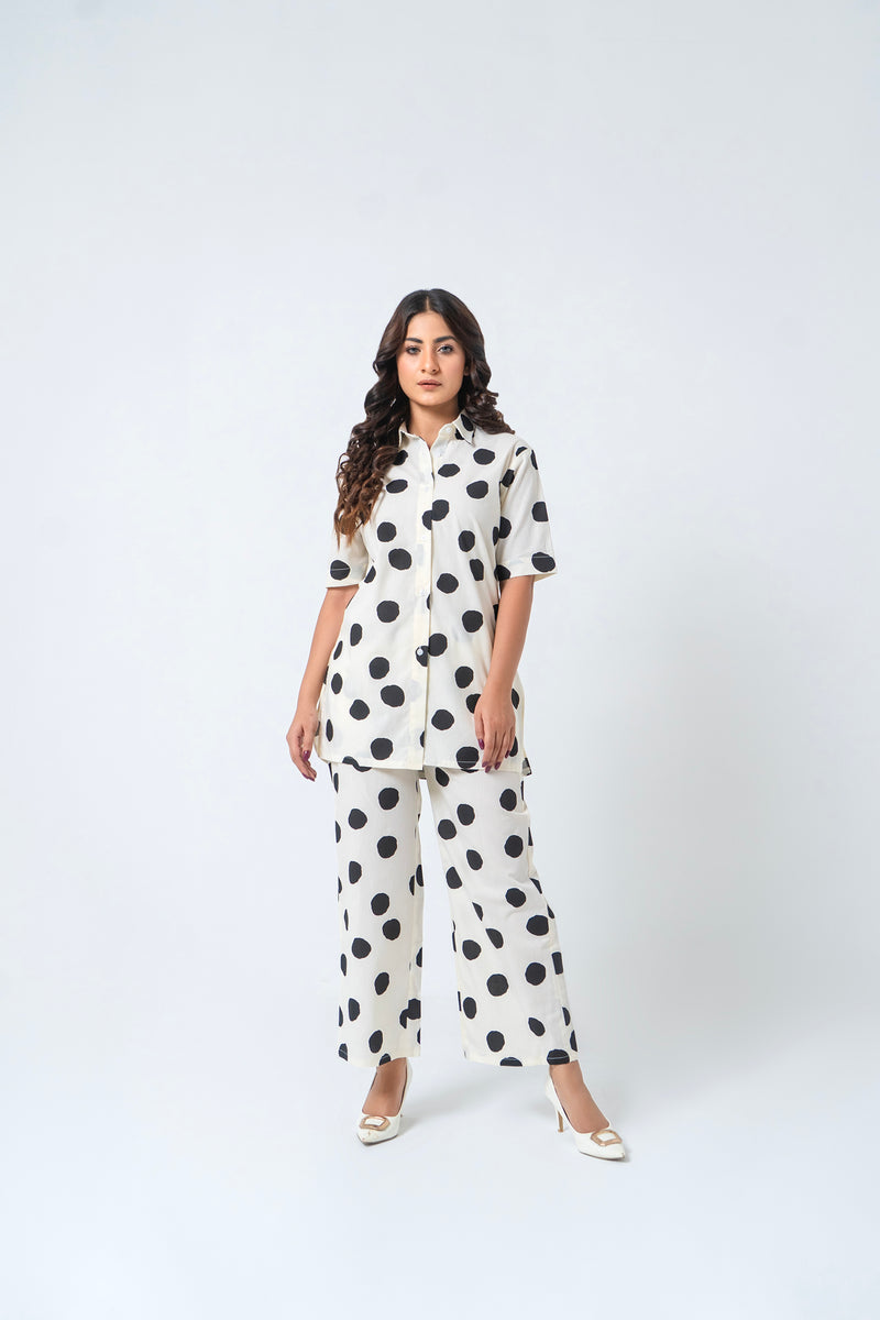 Short Sleeve Long Shirt - White Black Polka Dota