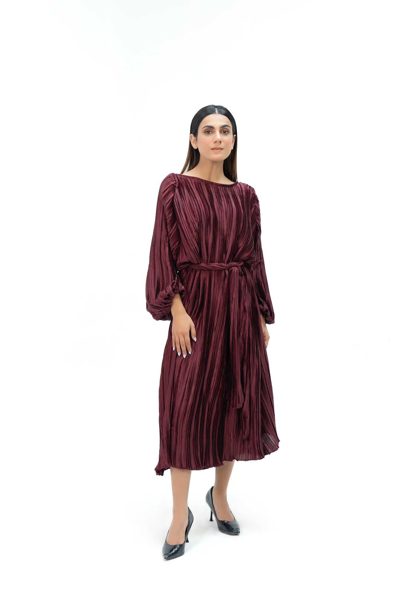 Pleated Puff Sleeve Dress - Maroon (pleated fabric)