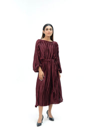 Pleated Puff Sleeve Dress - Maroon (pleated fabric)