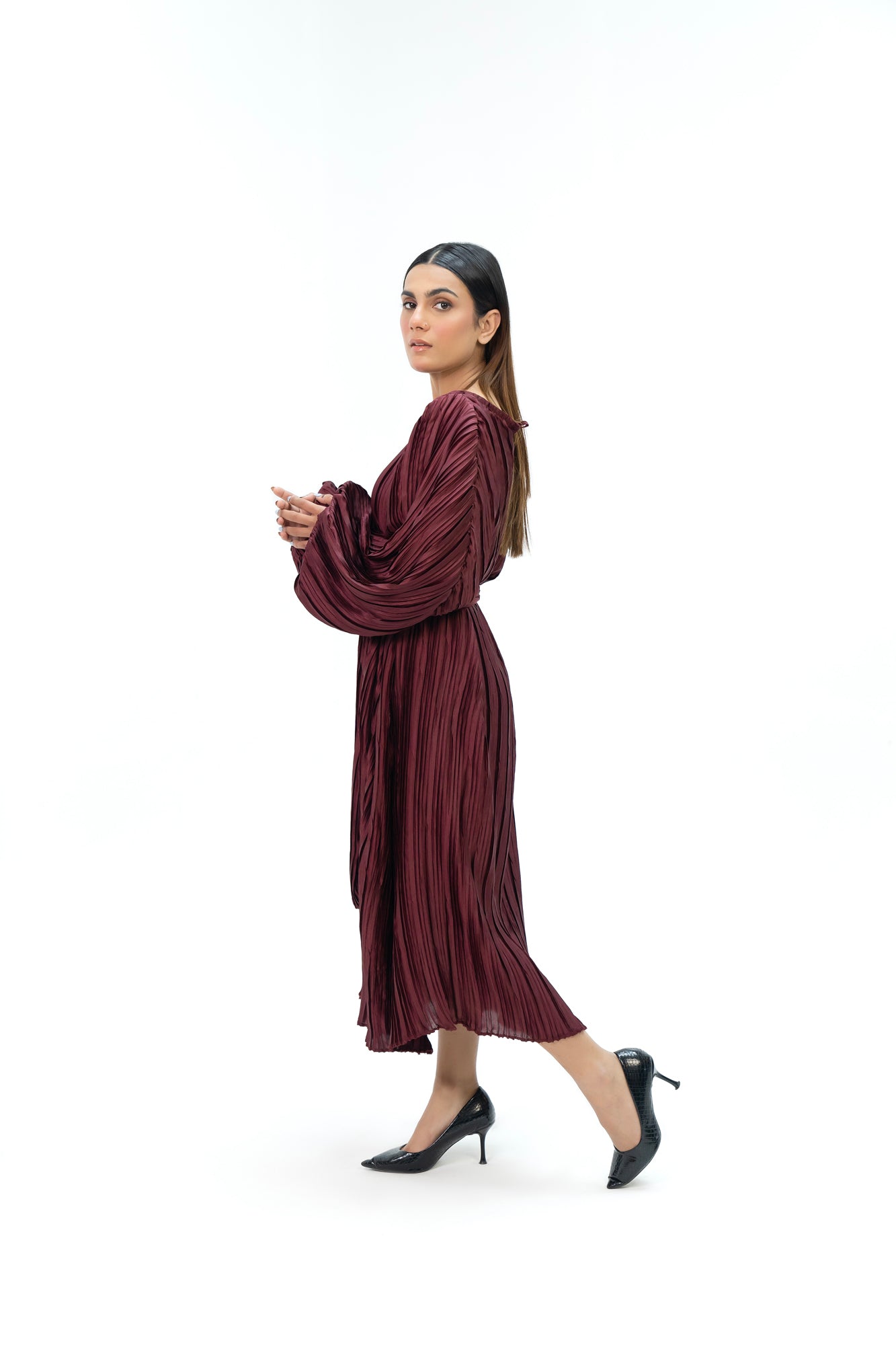 Pleated Puff Sleeve Dress - Maroon (pleated fabric)