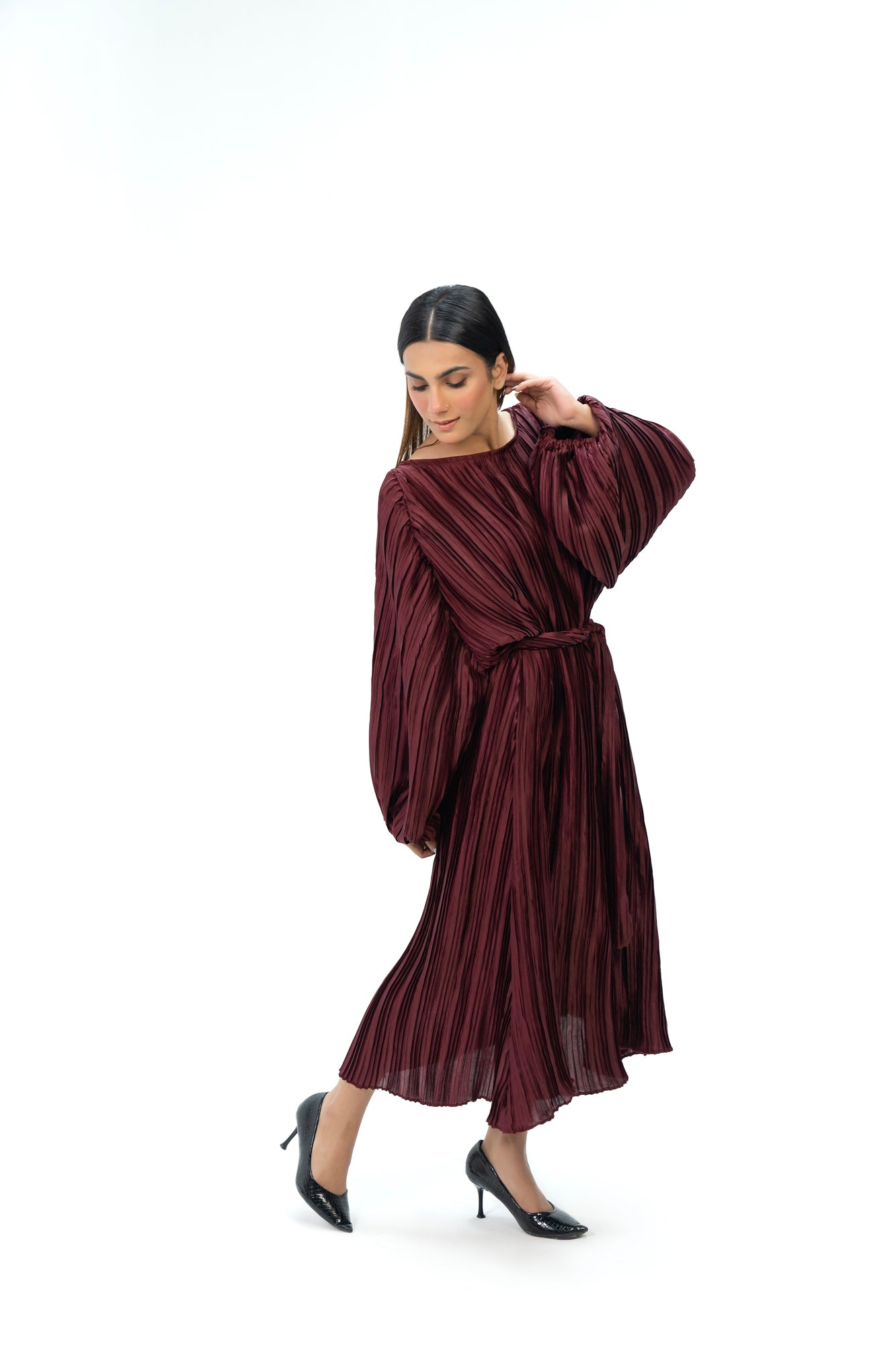 Pleated Puff Sleeve Dress - Maroon (pleated fabric)