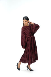 Pleated Puff Sleeve Dress - Maroon (pleated fabric)