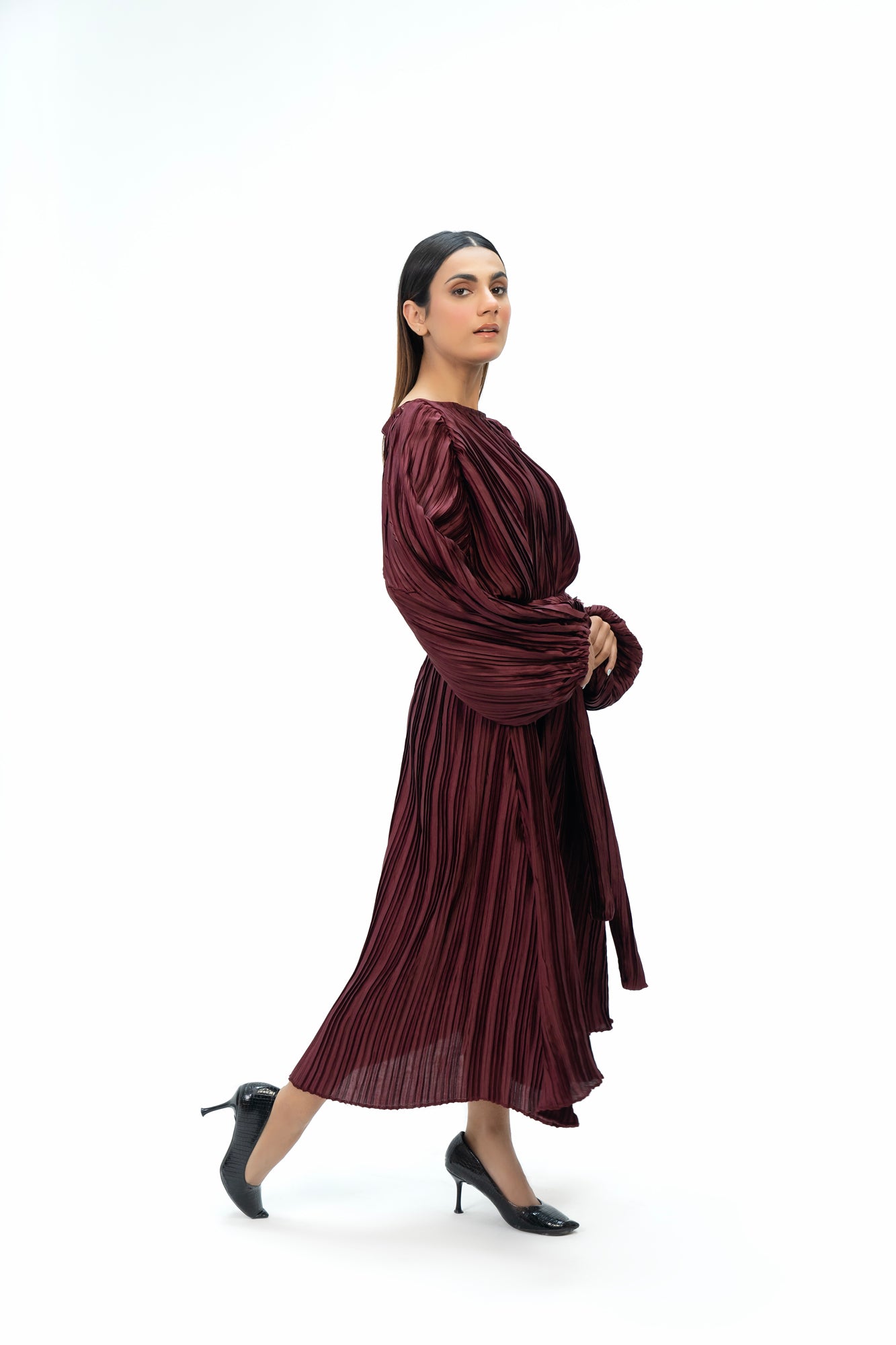 Pleated Puff Sleeve Dress - Maroon (pleated fabric)